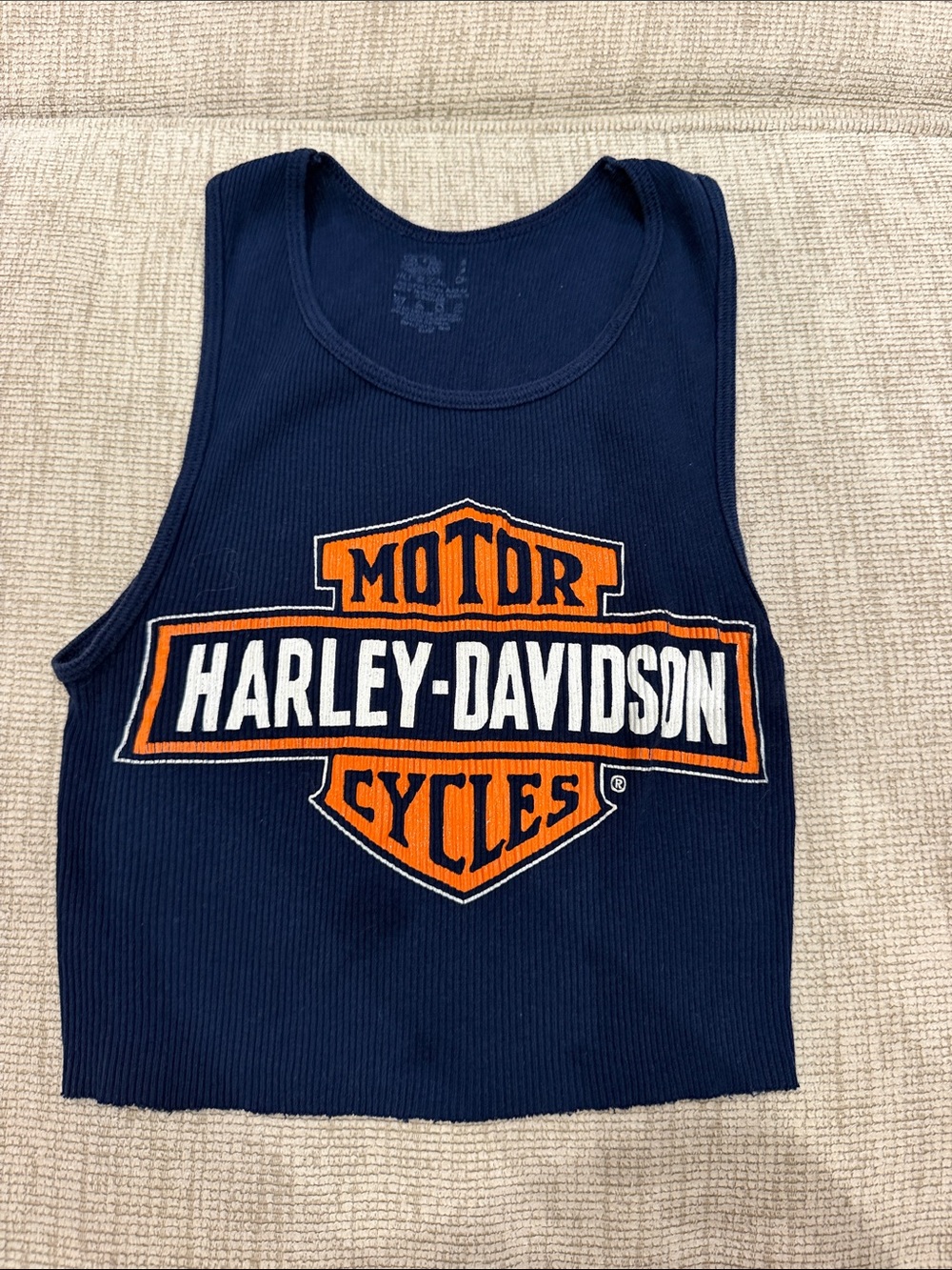 Reformation Vintage Navy Tank Top with Orange & White Harley-Davidson Logo